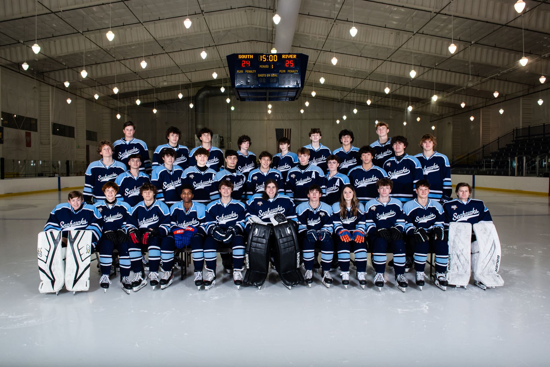 The South River Seahawks team photograph on the ice